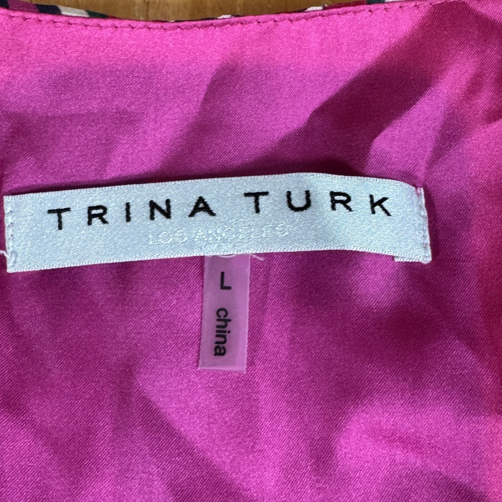 Trina Turk Pink Floral Silk Saka Dress Metallic Ruffle Mini Long Sleeve Size L - Picture 3 of 7